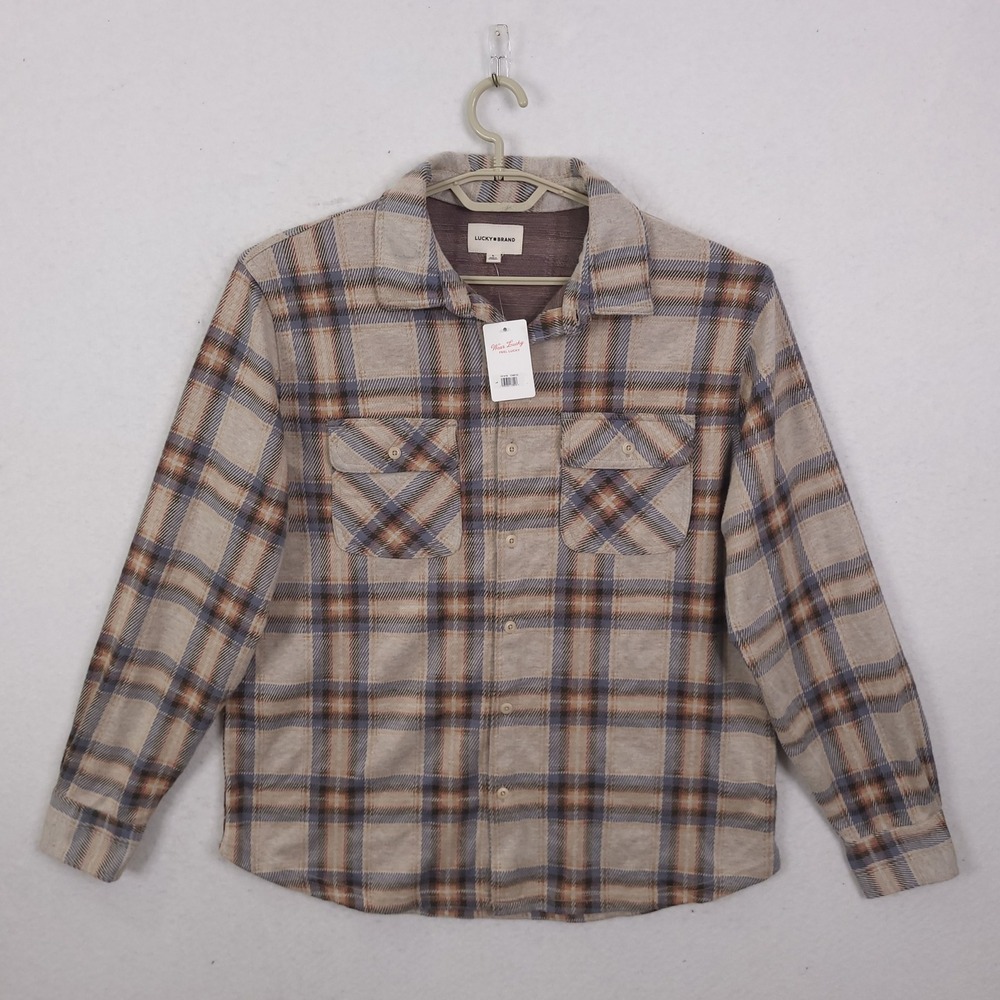 Lucky Brand Plaid Button Down Shirt Mens Large Tan Brown Blue Knit Stretch NWT